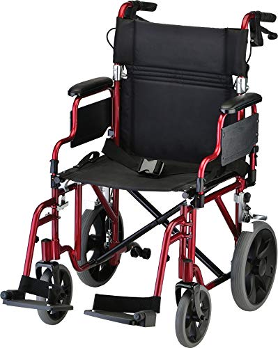 NOVA Medical Products NOVA Lightweight Transport Chair with Locking Hand Brakes, 12? Rear Wheels, Removable & Flip Up Arms for Easy Transfer, Anti-Tippers Included, Red