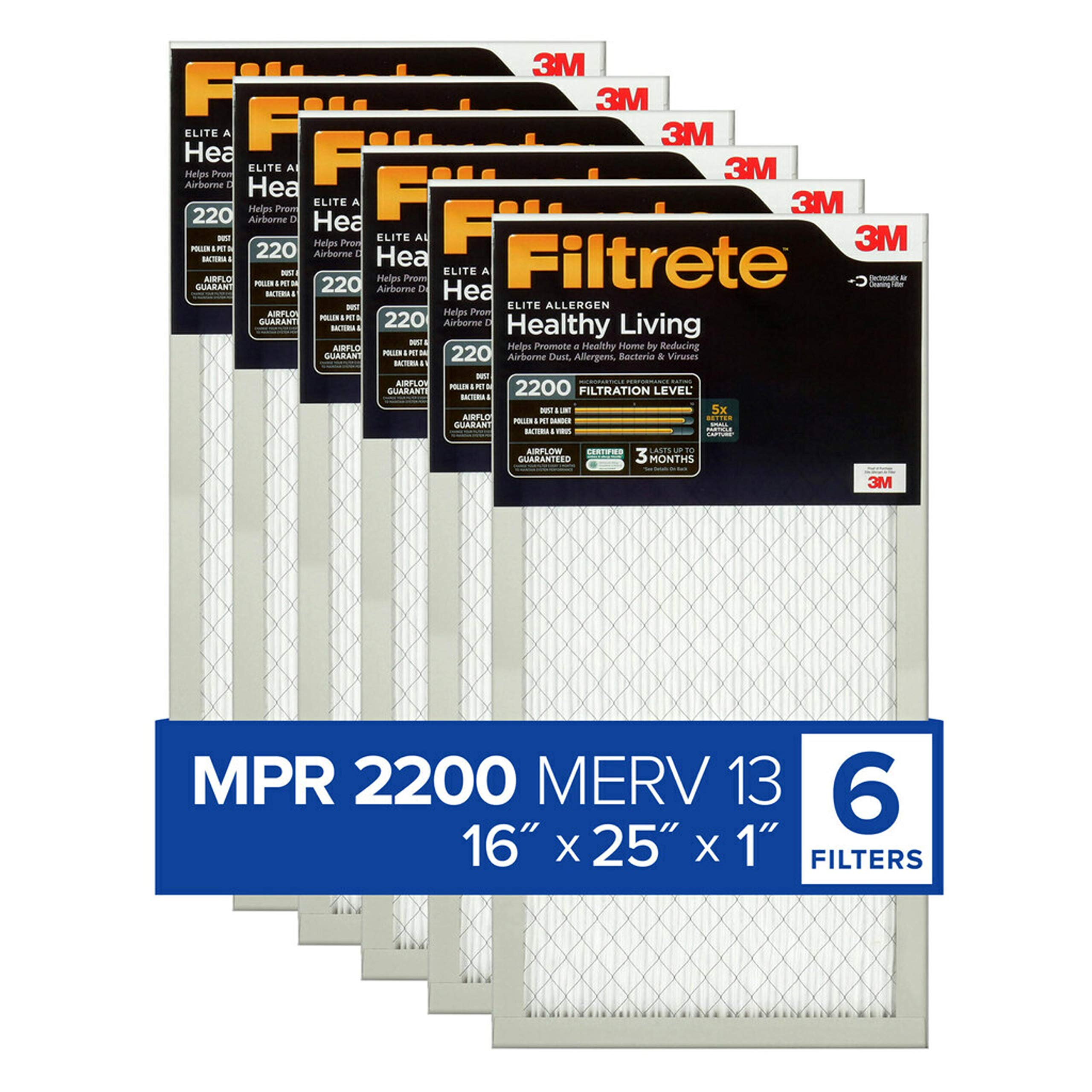 Filtrete 16x25x1 Air Filter, MPR 2200, MERV 13, Healthy Living Elite Allergen 3-Month Pleated 1-Inch Air Filters, 6 Filters