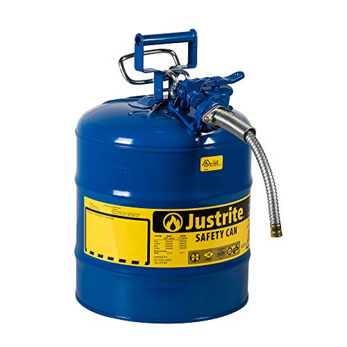 Justrite Type II AccuFlow Steel Safety Can for flammables, 5 gal, S/S Flame Arrester, 1" Metal Hose