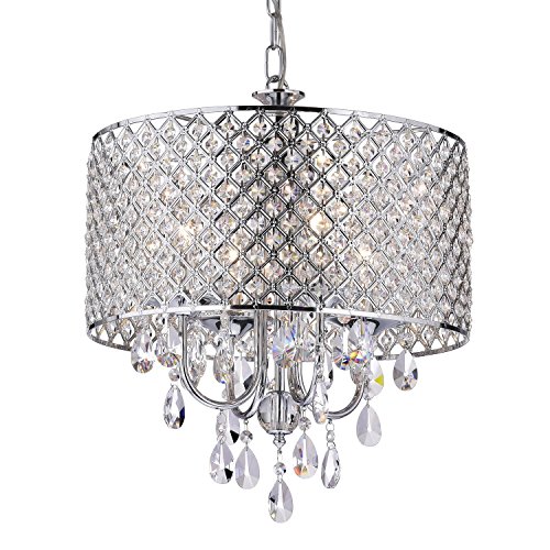 EDVIVI Marya 4-Light Chrome Round Crystal Chandelier Ceiling Fixture | Beaded Drum Shade | Glam Lighting