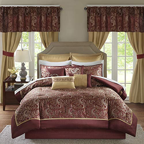 Madison Park Brystol 24 Piece Room in a Bag Faux Silk Comforter Jacquard Paisley Design Matching Curtains - Down Alternative Hypoallergenic All Season Bedding-Set, Queen, Red