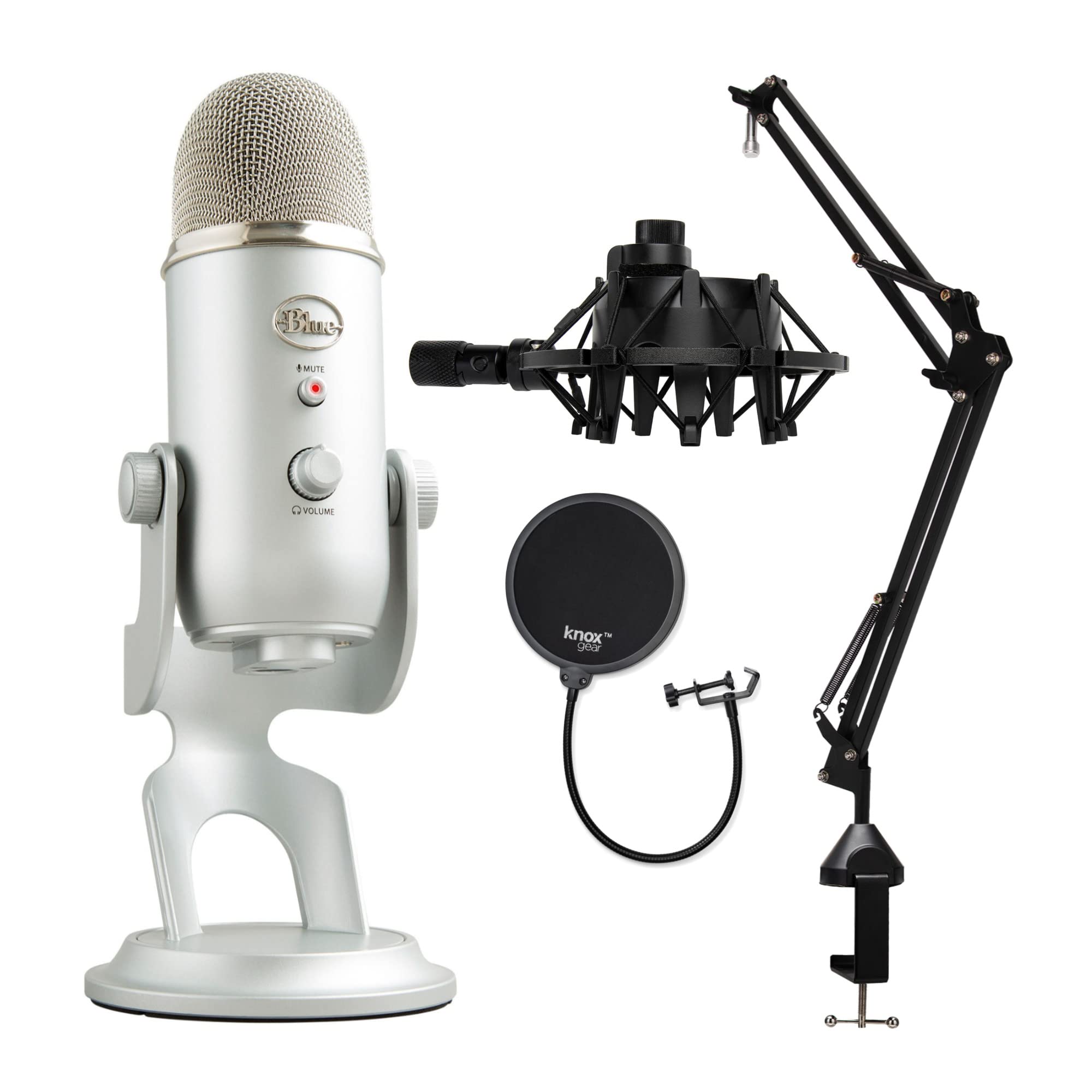 BLUE MICROPHONES Blue Microphone Yeti USB Microphone Bundle with Knox Shock Mount, Studio Stand and Pop Filter (4 Items)