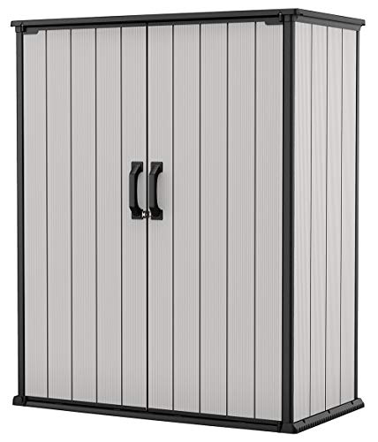 keter Premier Tall Resin Outdoor Storage Shed with Shelving Brackets for Patio Furniture, Pool Accessories, and Bikes, Grey & Black