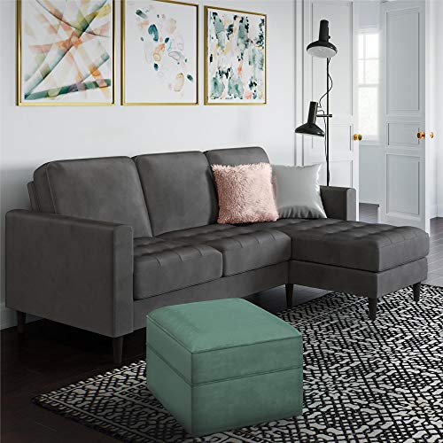 CosmoLiving Strummer Modern Reversible Sectional Couch Upholstered in Green Velvet Fabric with Floating Ottoman