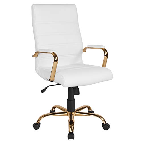 Flash Furniture High Back Desk Chair - White LeatherSoft Executive Swivel Office Chair with Gold Frame - Swivel Arm Chair