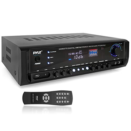 Pyle Home Audio Power Amplifier System - 300W 4 Channel Theater Power Stereo Sound Receiver Box Entertainment w/ USB, RCA, AUX, Mic w/ Echo, LED, Remote - For Speaker, iPhone, PA, Studio Use -  PT390AU...