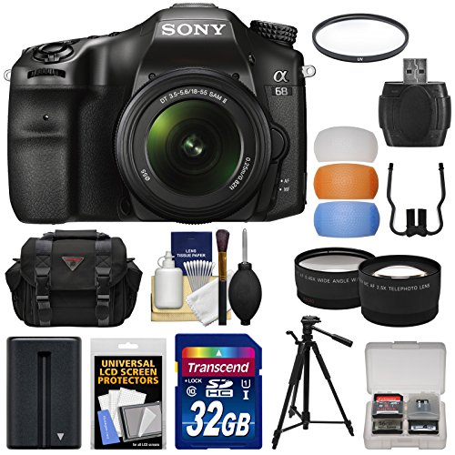 Sony Alpha A68 Digital SLR Camera & 18-55mm Lens with 32GB Card + Battery + Case + Tripod + Filter + Tele/Wide Lens Kit