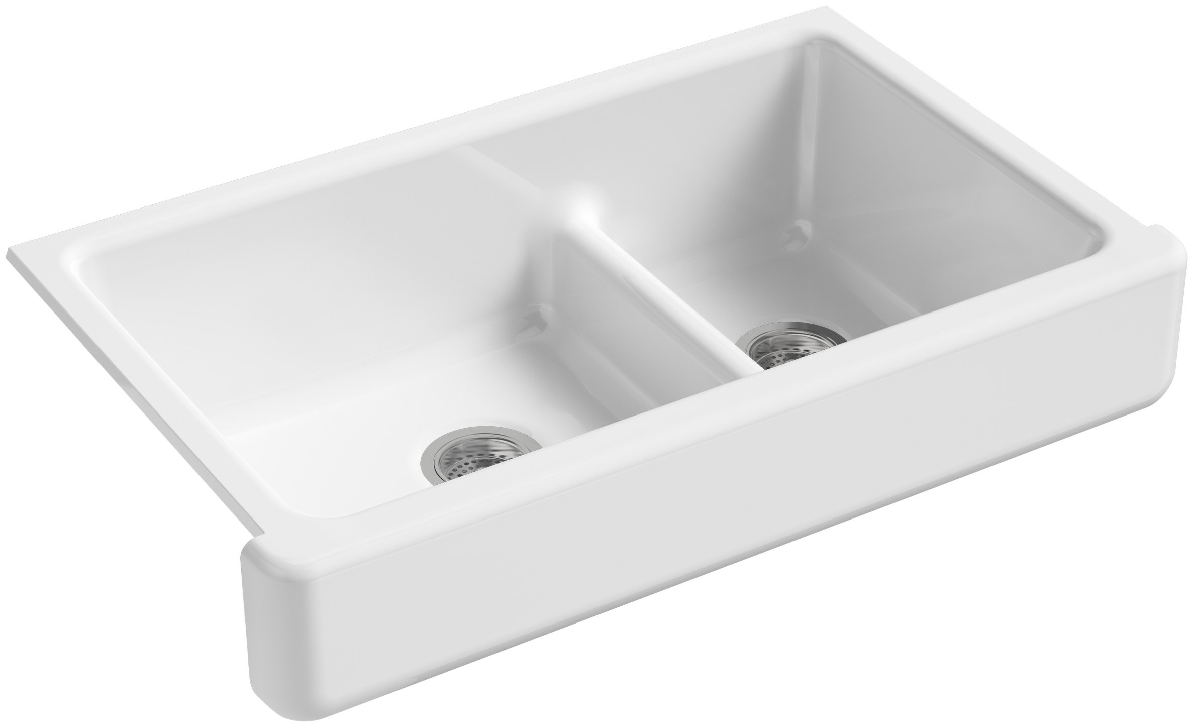 KOHLER K-6426-0 Whitehaven Farmhouse Smart Divide Self-Trimming Undermount Apron Front Double-Bowl Kitchen Sink with Short Apron, 35-1/2-Inch X 21-9/16-Inch X 9-5/8-Inch, White