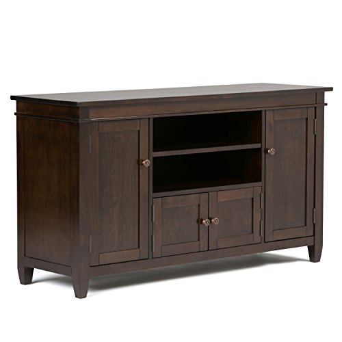Simpli Home, Ltd. Simpli Home Carlton SOLID WOOD Universal TV Media Stand, 54 inch Wide, Contemporary, Storage Shelves and Cabinets, for Flat Screen TVs up to 60 inches Dark Tobacco Brown