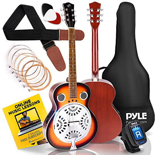 Pyle Electro Resophonic Acoustic Electric Guitar-6 Round Neck Sunburst Mahogany Traditional Resonator w/Built-in Pre Amplifier, Case Bag, Strap, Steel Strings, Tuner, Picks PGA500BR, Right