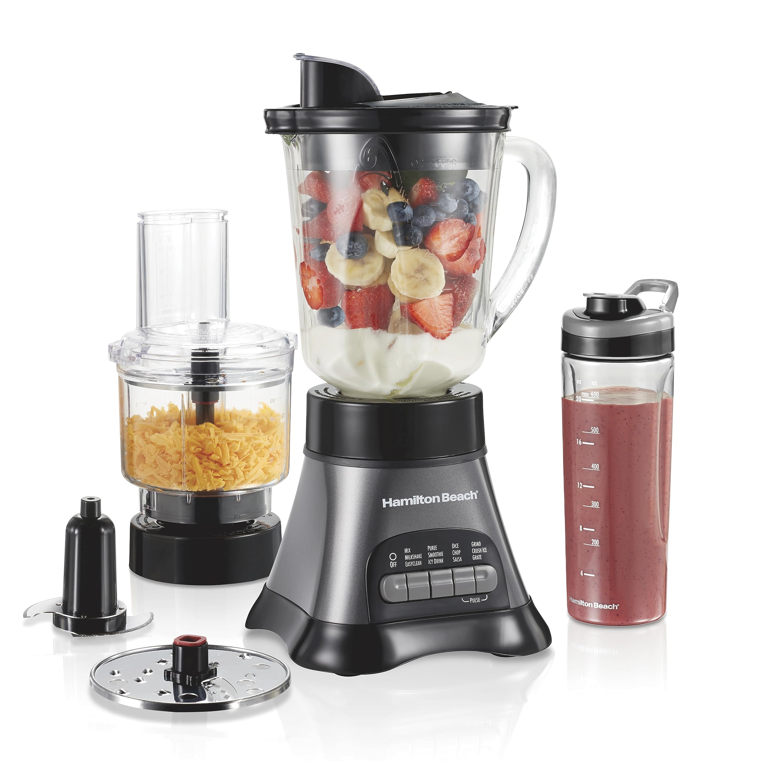 Hamilton Beach Blender for Shakes and Smoothies & Food Processor Combo, With 40oz Glass Jar, Portable Blend-In Travel Cup & 3 Cup Electric Food Chopper Attachment, 700 Watts, Gray & Black (58163)