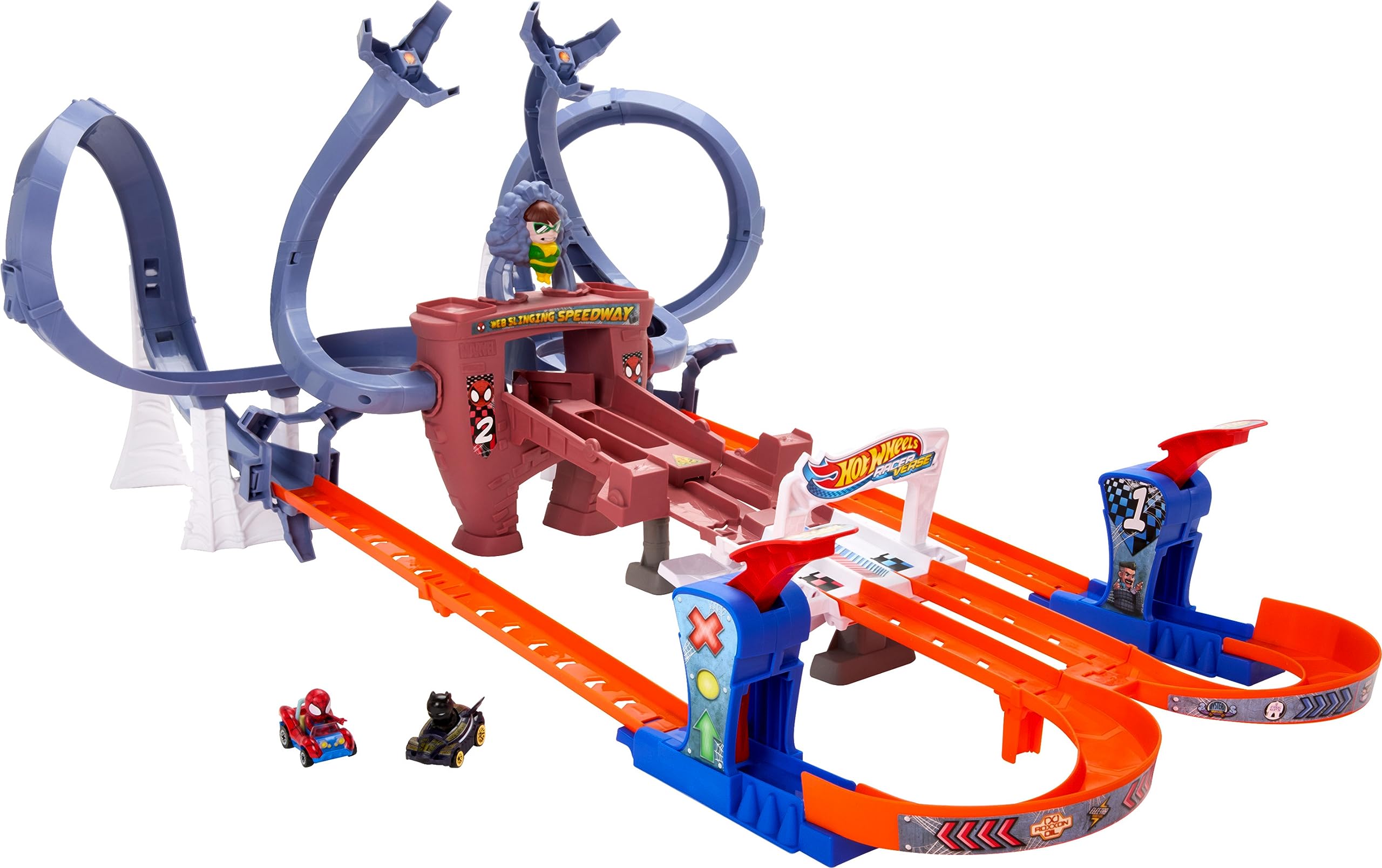 Hot Wheels RacerVerse Spider-Man’s Web-Slinging Speedway Track Set with Racers Spider-Man & Black Panther, Multi-Lap Race to Escape Doc Ock