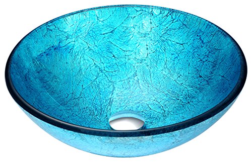 ANZZI Accent Modern Tempered Glass Vessel Bowl Sink in Blue Ice | Aqua Top Mount Bathroom sinks above Counter | Round Vanity countertop Sink Bowl with Pop Up Drain | LS-AZ047