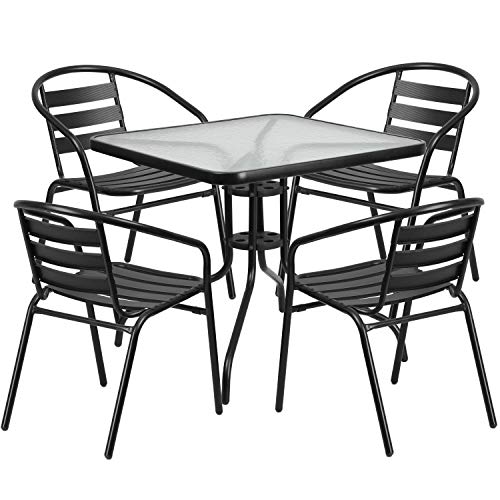 Flash Furniture Furniture 31.5'' Square Glass Metal Table with 4 Black Metal Aluminum Slat Stack Chairs