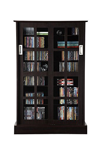 Atlantic Windowpane Adjustable Media Cabinet - Tempered Glass Pane Styled Sliding Doors, Store 216 Blu-Rays,192 DVDs or 576, Adjustable Shelves, 49 X 32 X 9.5 inches PN94835721 in Espresso