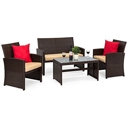 Best Choice Products 4-Piece Wicker Patio Conversation Furniture Set w/ 4 Seats and Tempered Glass Top Table, Brown